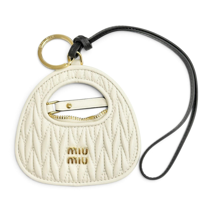 極美品△MIUMIU ミュウミュウ 5TL3572 レザー ワンダー キーホルダー バッグチャーム アイボリー ブラック ゴールド金具 レディース