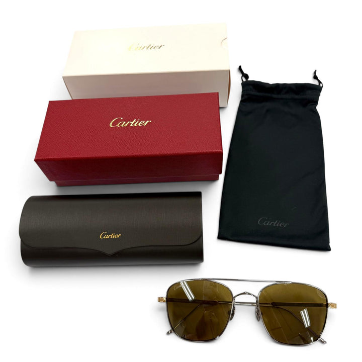 極美品▼Cartier カルティエ CT0163S ツーブリッジ アイウェア サングラス シルバー ゴールド 145 デモレンズ 定価192500円 箱・保存袋付