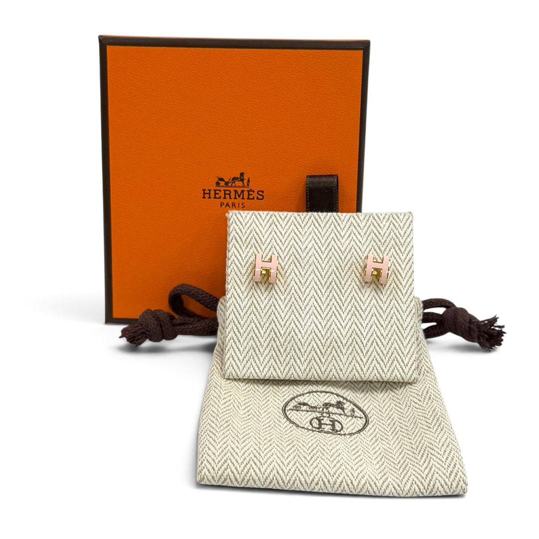 極美品★HERMES エルメス ピアス ミニ ポップH Hデザイン アクセサリー ゴールド ピンク フランス製 レディース 箱・保存袋付き