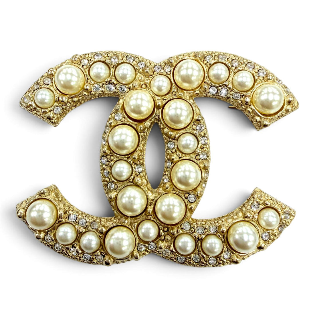 極美品☆CHANEL シャネル F24V メタル ココマーク フェイクパール ブローチ アクセサリー ゴールド フランス製 レディース 箱・保存袋付