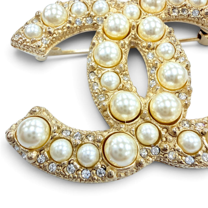 極美品☆CHANEL シャネル F24V メタル ココマーク フェイクパール ブローチ アクセサリー ゴールド フランス製 レディース 箱・保存袋付