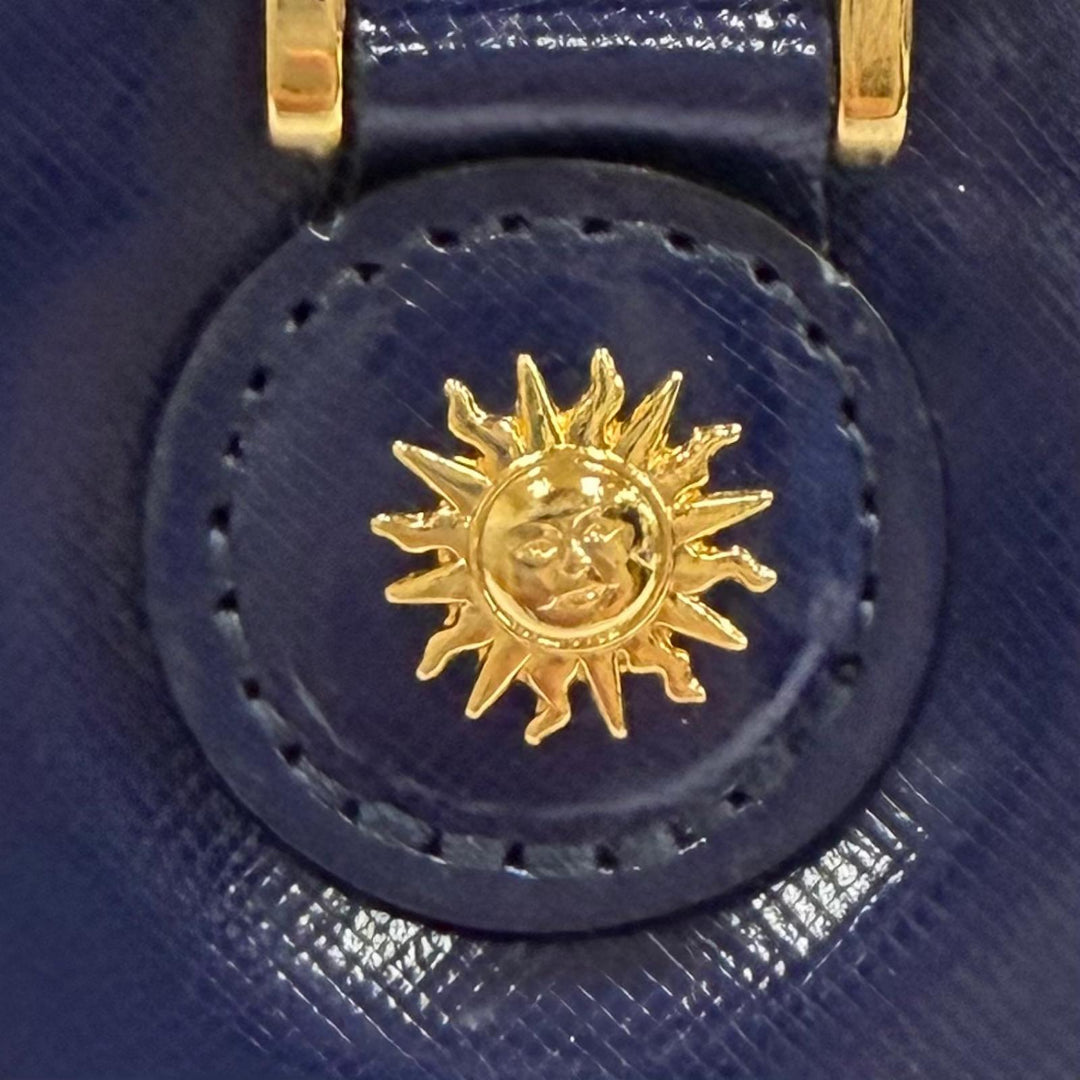 未使用品★Gianni Versace ジャンニヴェルサーチ ヴィンテージ サンバースト チェーン装飾 2WAY レザー ハンドバッグ ネイビー 保存袋付
