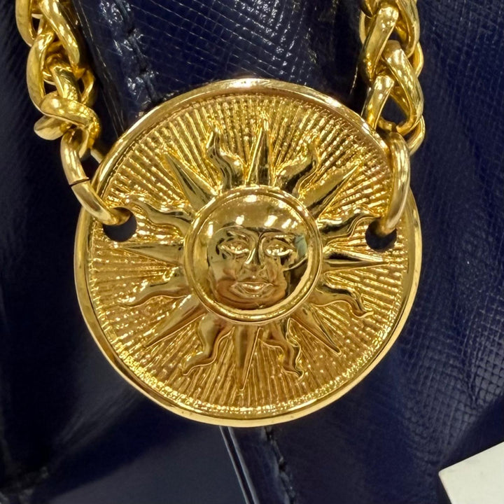 未使用品★Gianni Versace ジャンニヴェルサーチ ヴィンテージ サンバースト チェーン装飾 2WAY レザー ハンドバッグ ネイビー 保存袋付