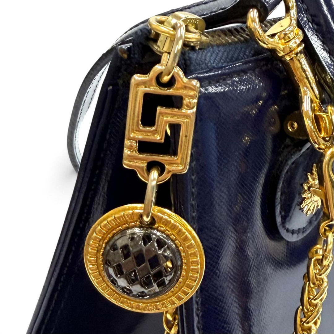 未使用品★Gianni Versace ジャンニヴェルサーチ ヴィンテージ サンバースト チェーン装飾 2WAY レザー ハンドバッグ ネイビー 保存袋付