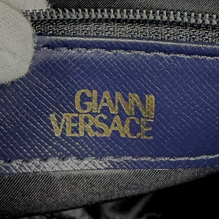 未使用品★Gianni Versace ジャンニヴェルサーチ ヴィンテージ サンバースト チェーン装飾 2WAY レザー ハンドバッグ ネイビー 保存袋付