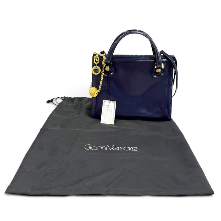 未使用品★Gianni Versace ジャンニヴェルサーチ ヴィンテージ サンバースト チェーン装飾 2WAY レザー ハンドバッグ ネイビー 保存袋付