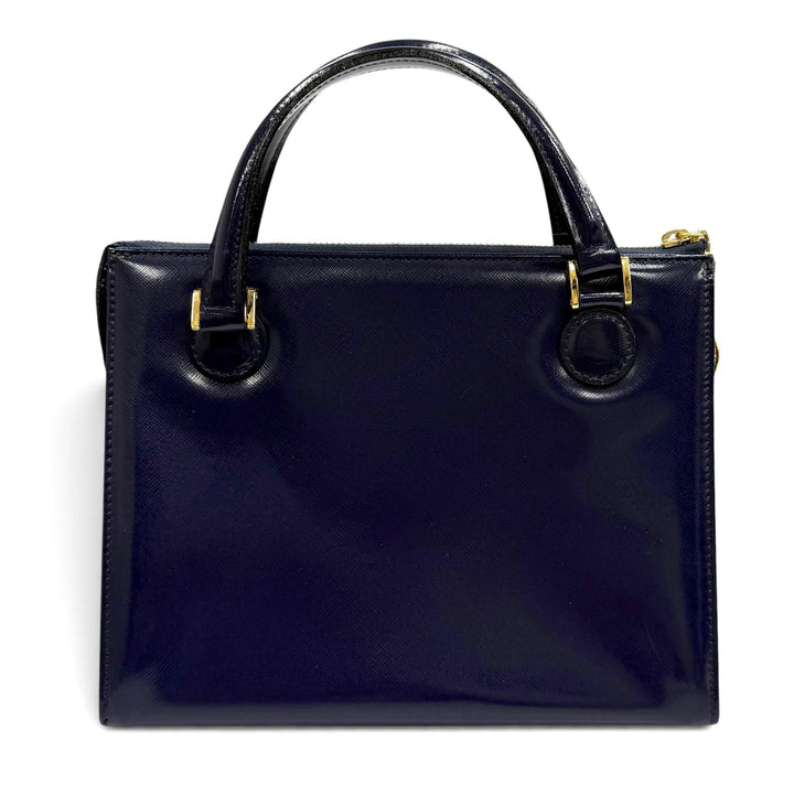 未使用品★Gianni Versace ジャンニヴェルサーチ ヴィンテージ サンバースト チェーン装飾 2WAY レザー ハンドバッグ ネイビー 保存袋付