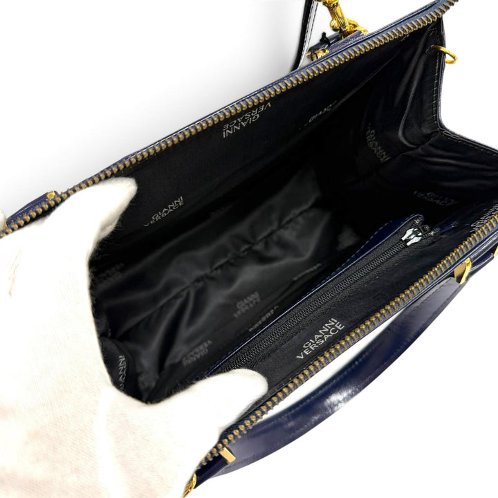 未使用品★Gianni Versace ジャンニヴェルサーチ ヴィンテージ サンバースト チェーン装飾 2WAY レザー ハンドバッグ ネイビー 保存袋付