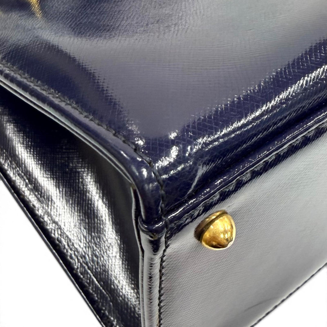 未使用品★Gianni Versace ジャンニヴェルサーチ ヴィンテージ サンバースト チェーン装飾 2WAY レザー ハンドバッグ ネイビー 保存袋付