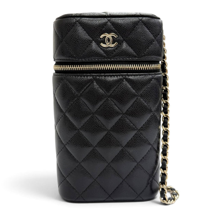 極美品△CHANEL シャネル キャビアスキン マトラッセ バニティ フォンバッグ チェーン ショルダーバッグ ブラック ゴールド金具 伊製