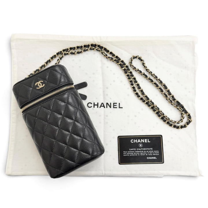 極美品△CHANEL シャネル キャビアスキン マトラッセ バニティ フォンバッグ チェーン ショルダーバッグ ブラック ゴールド金具 伊製