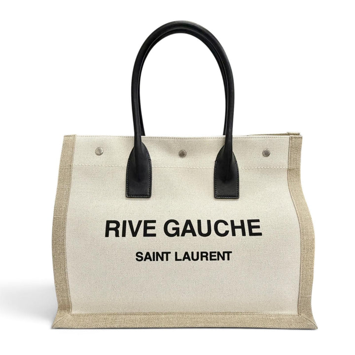 未使用品△SAINT LAURENT PARIS サンローランパリ 617481 キャンバス レザー リヴゴーシュ ロゴ 大型 トートバッグ ベージュ ブラック