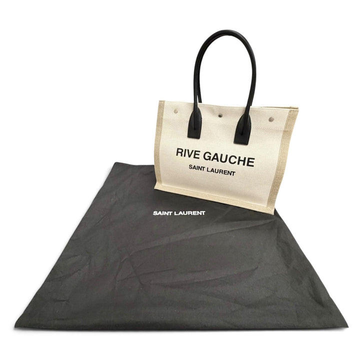 未使用品△SAINT LAURENT PARIS サンローランパリ 617481 キャンバス レザー リヴゴーシュ ロゴ 大型 トートバッグ ベージュ ブラック