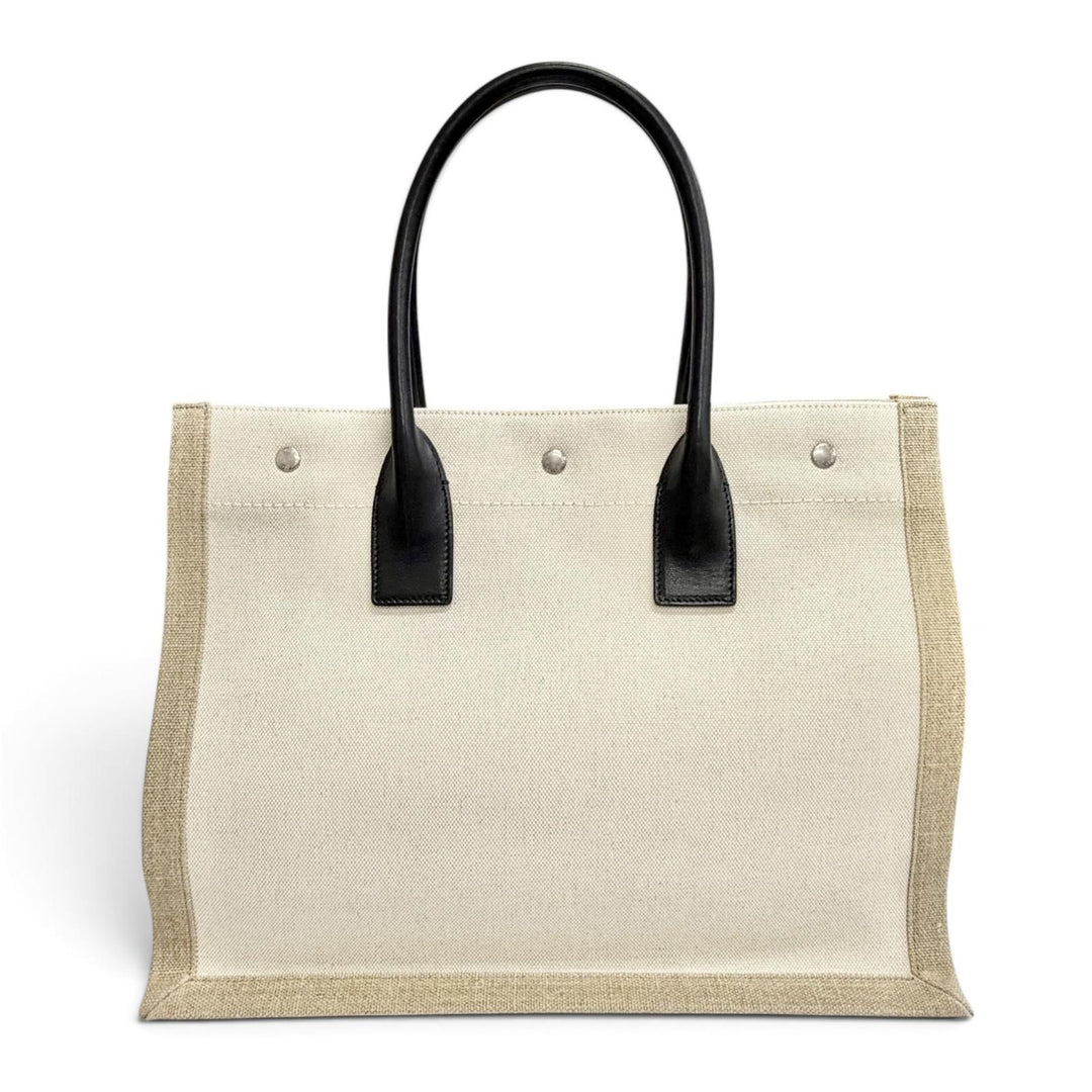 未使用品△SAINT LAURENT PARIS サンローランパリ 617481 キャンバス レザー リヴゴーシュ ロゴ 大型 トートバッグ ベージュ ブラック