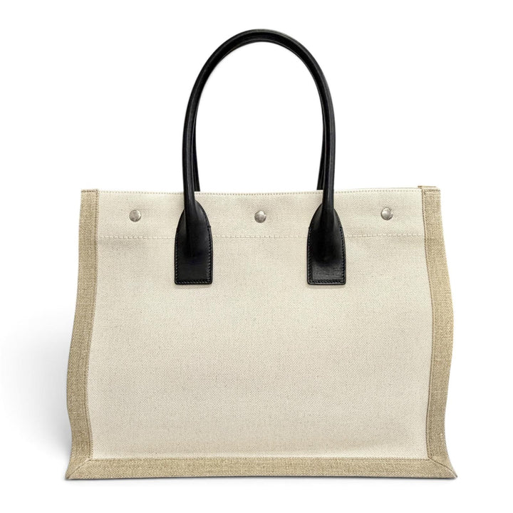 未使用品△SAINT LAURENT PARIS サンローランパリ 617481 キャンバス レザー リヴゴーシュ ロゴ 大型 トートバッグ ベージュ ブラック