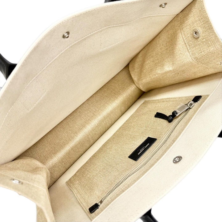 未使用品△SAINT LAURENT PARIS サンローランパリ 617481 キャンバス レザー リヴゴーシュ ロゴ 大型 トートバッグ ベージュ ブラック