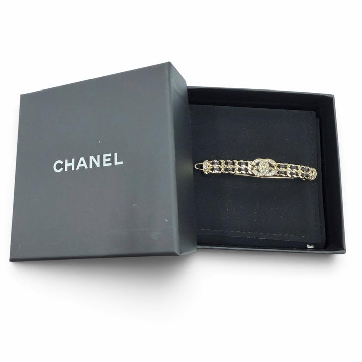 極美品☆CHANEL シャネル B21B メタル ココマーク ラインストーン レザー使い ヘアアクセサリー バレッタ ゴールド ブラック 箱・保袋付