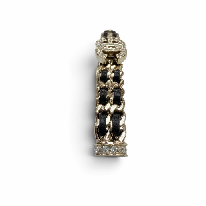 極美品☆CHANEL シャネル B21B メタル ココマーク ラインストーン レザー使い ヘアアクセサリー バレッタ ゴールド ブラック 箱・保袋付