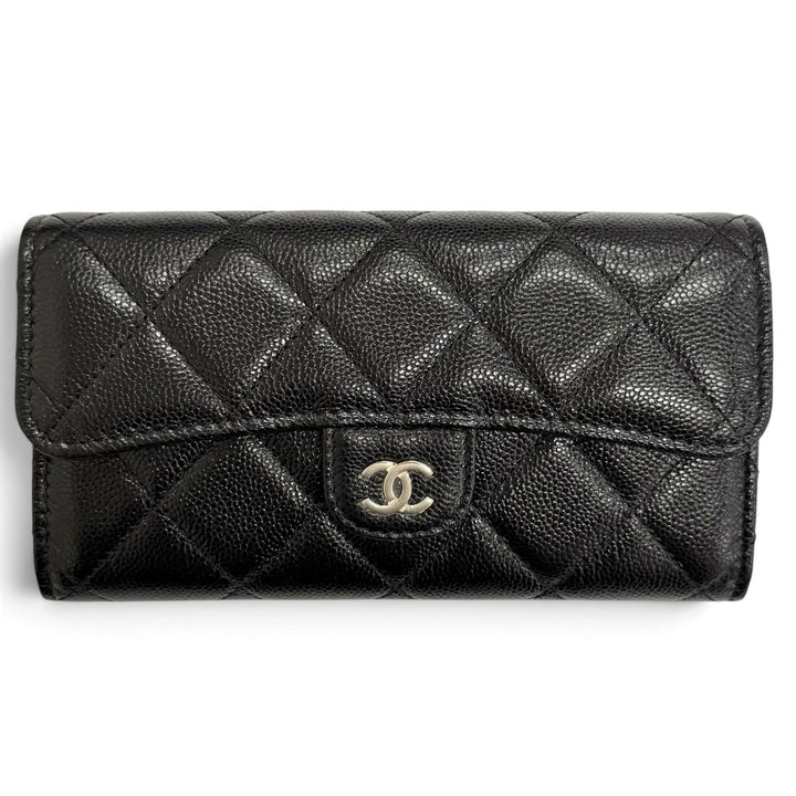 未使用品△CHANEL シャネル キャビアスキン マトラッセ ココマーク レザー フラップ ウォレット 財布 ブラック 箱 保存袋付き