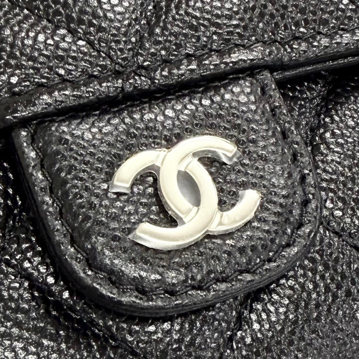 未使用品△CHANEL シャネル キャビアスキン マトラッセ ココマーク レザー フラップ ウォレット 財布 ブラック 箱 保存袋付き