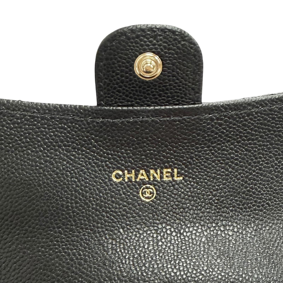 未使用品△CHANEL シャネル キャビアスキン マトラッセ ココマーク レザー フラップ ウォレット 財布 ブラック 箱 保存袋付き