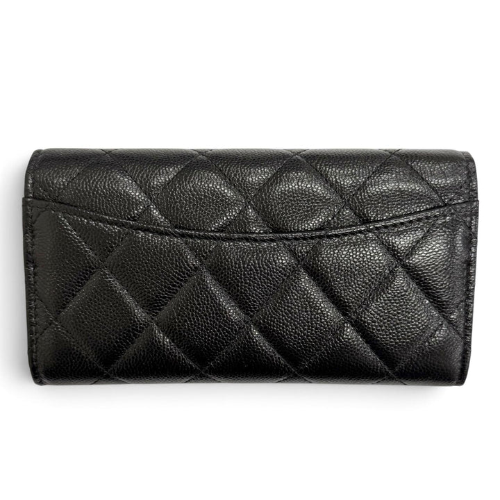 未使用品△CHANEL シャネル キャビアスキン マトラッセ ココマーク レザー フラップ ウォレット 財布 ブラック 箱 保存袋付き