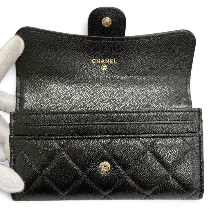 未使用品△CHANEL シャネル キャビアスキン マトラッセ ココマーク レザー フラップ ウォレット 財布 ブラック 箱 保存袋付き