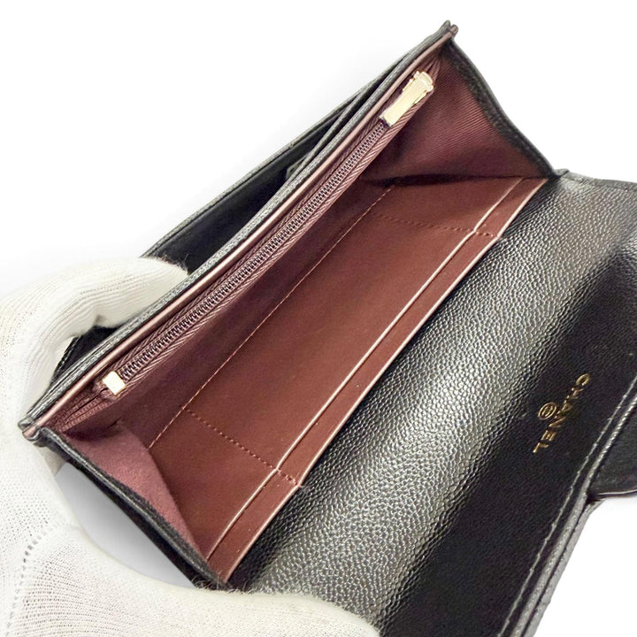 未使用品△CHANEL シャネル キャビアスキン マトラッセ ココマーク レザー フラップ ウォレット 財布 ブラック 箱 保存袋付き