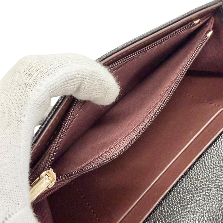 未使用品△CHANEL シャネル キャビアスキン マトラッセ ココマーク レザー フラップ ウォレット 財布 ブラック 箱 保存袋付き