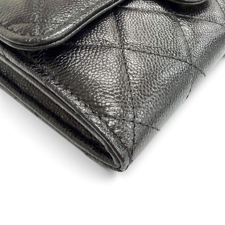 未使用品△CHANEL シャネル キャビアスキン マトラッセ ココマーク レザー フラップ ウォレット 財布 ブラック 箱 保存袋付き