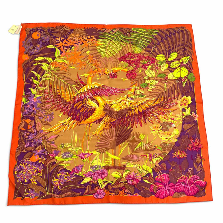 未使用品★HERMES エルメス カレ90 FLAMINGO PARTY フラミンゴパーティ シルク100％ ORANGE/BRUN/VIOLET スカーフ 仏製 箱付き