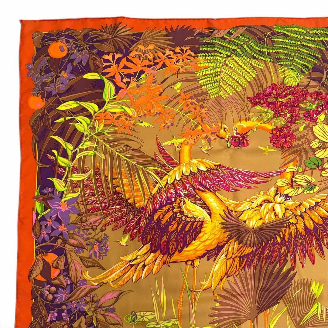 未使用品★HERMES エルメス カレ90 FLAMINGO PARTY フラミンゴパーティ シルク100％ ORANGE/BRUN/VIOLET スカーフ 仏製 箱付き
