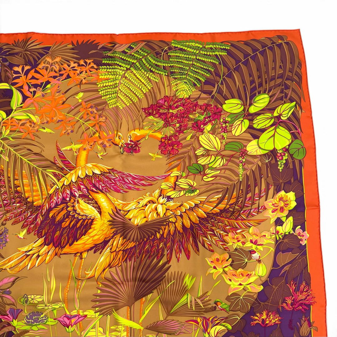 未使用品★HERMES エルメス カレ90 FLAMINGO PARTY フラミンゴパーティ シルク100％ ORANGE/BRUN/VIOLET スカーフ 仏製 箱付き
