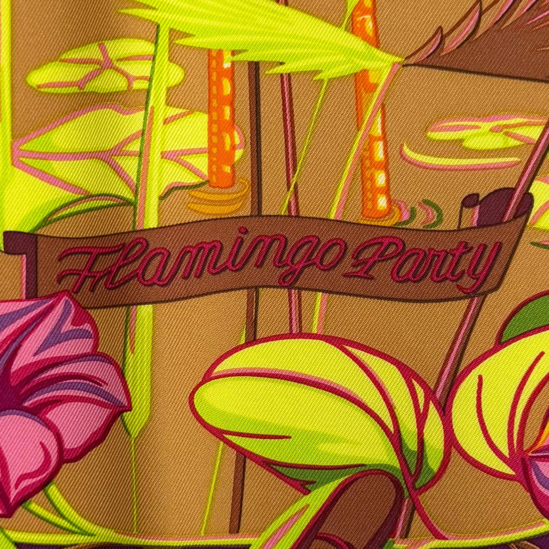 未使用品★HERMES エルメス カレ90 FLAMINGO PARTY フラミンゴパーティ シルク100％ ORANGE/BRUN/VIOLET スカーフ 仏製 箱付き