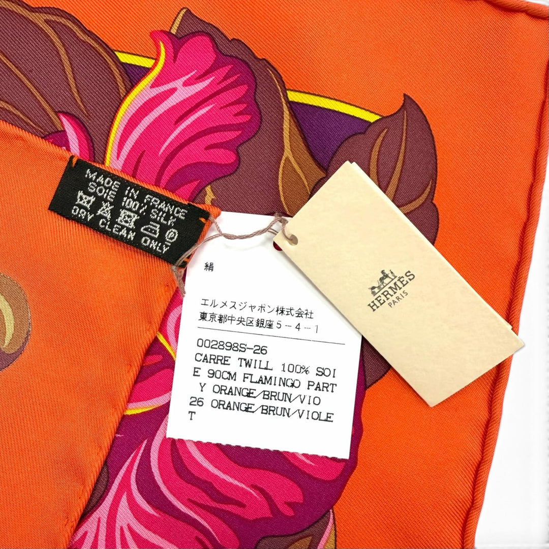 未使用品★HERMES エルメス カレ90 FLAMINGO PARTY フラミンゴパーティ シルク100％ ORANGE/BRUN/VIOLET スカーフ 仏製 箱付き
