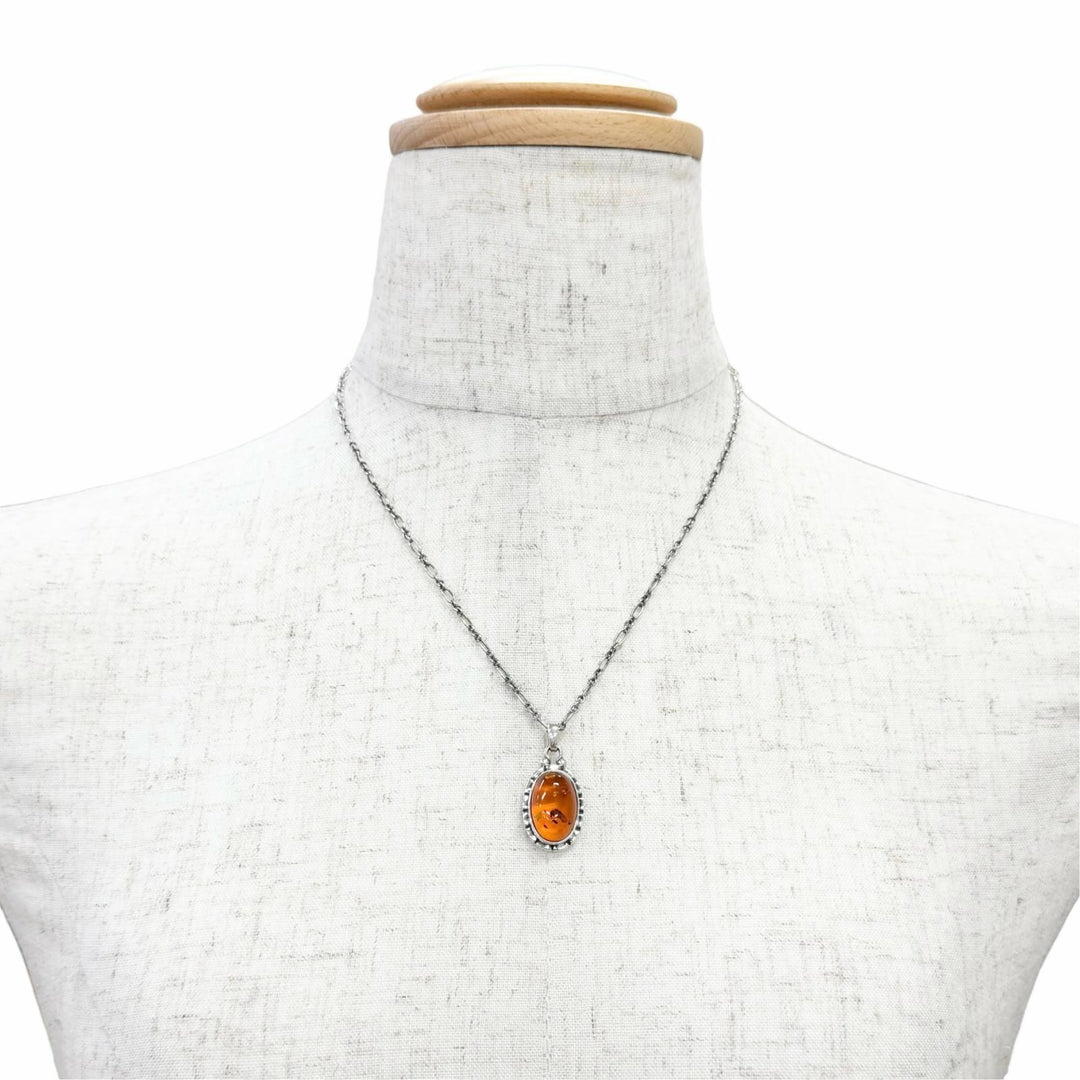 美品△Georg Jensen ジョージジェンセン 925 アンバー 琥珀 2001 イヤーペンダント ネックレス シルバー オレンジ系 重量10.59g 箱付き