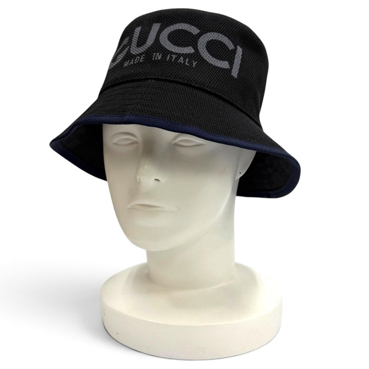 未使用品★GUCCI グッチ 777372 コットン リネン混 ロゴデザイン 裏地GGキャンバス バケットハット 黒 紺 S 57cm 伊製 正規品 袋付