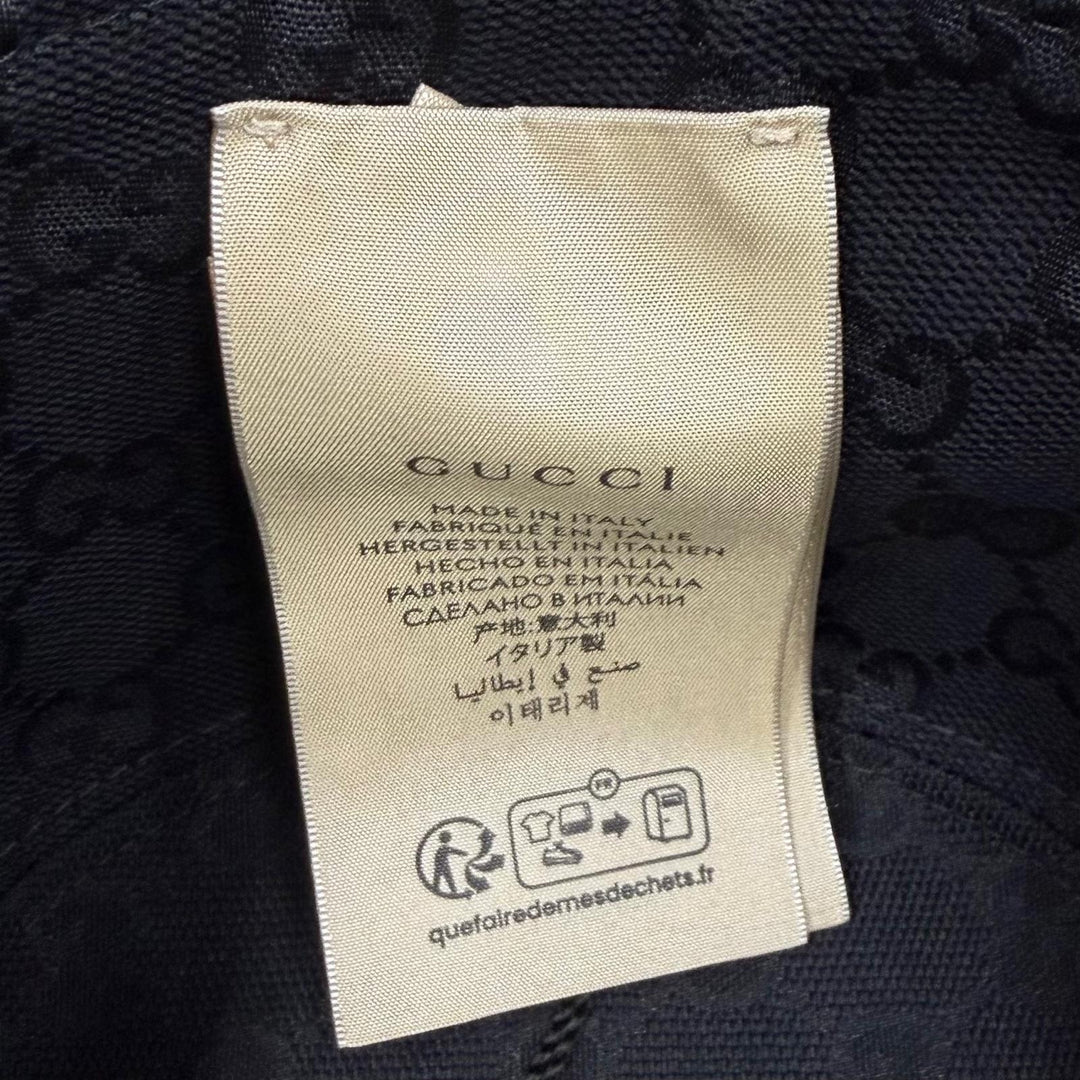 未使用品★GUCCI グッチ 777372 コットン リネン混 ロゴデザイン 裏地GGキャンバス バケットハット 黒 紺 S 57cm 伊製 正規品 袋付