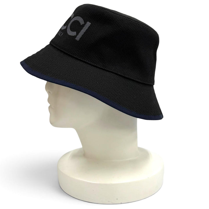 未使用品★GUCCI グッチ 777372 コットン リネン混 ロゴデザイン 裏地GGキャンバス バケットハット 黒 紺 S 57cm 伊製 正規品 袋付