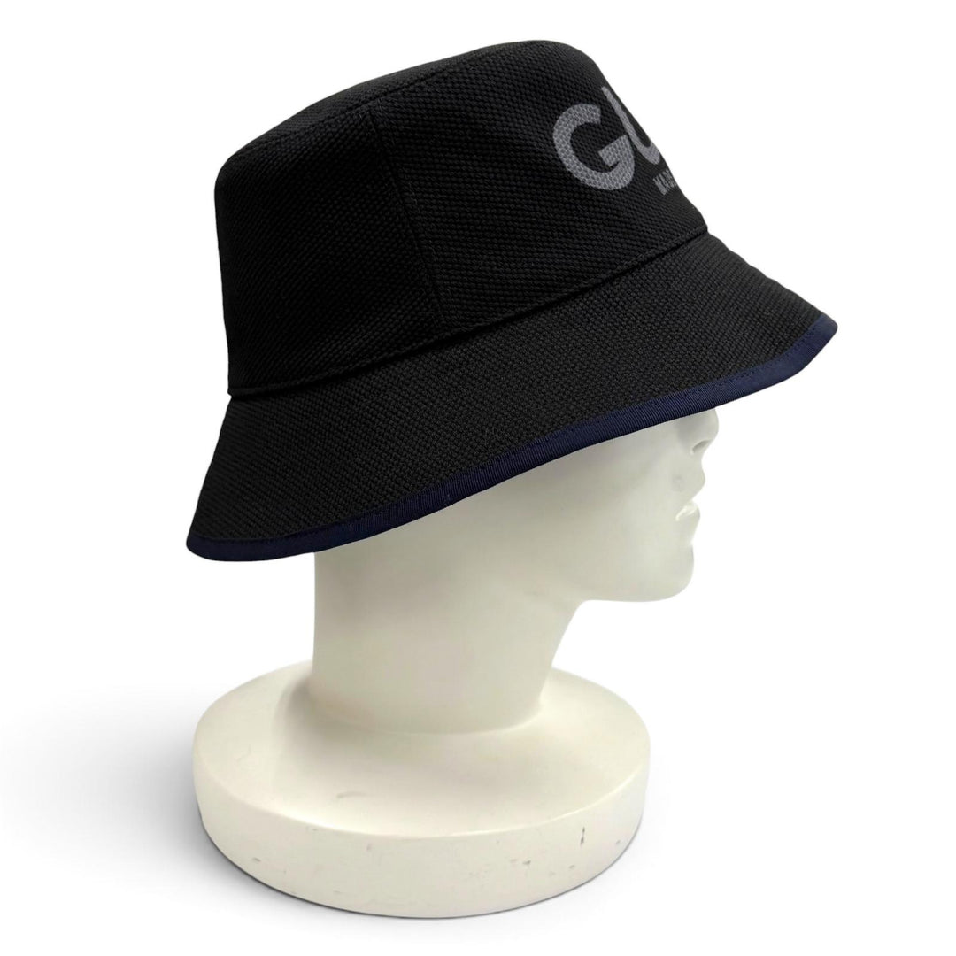 未使用品★GUCCI グッチ 777372 コットン リネン混 ロゴデザイン 裏地GGキャンバス バケットハット 黒 紺 S 57cm 伊製 正規品 袋付