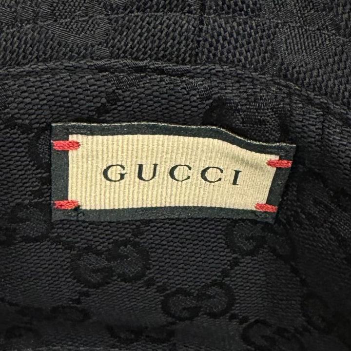 未使用品★GUCCI グッチ 777372 コットン リネン混 ロゴデザイン 裏地GGキャンバス バケットハット 黒 紺 S 57cm 伊製 正規品 袋付
