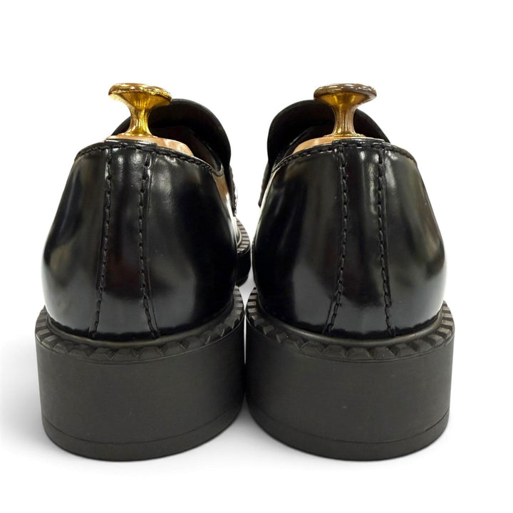 極美品▼PRADA プラダ 2DE127 ブラッシュドレザー チョコレート トライアングルロゴ 三角プレート ローファー ブラック 7 保存袋付き