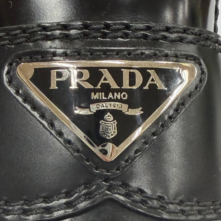 極美品▼PRADA プラダ 2DE127 ブラッシュドレザー チョコレート トライアングルロゴ 三角プレート ローファー ブラック 7 保存袋付き