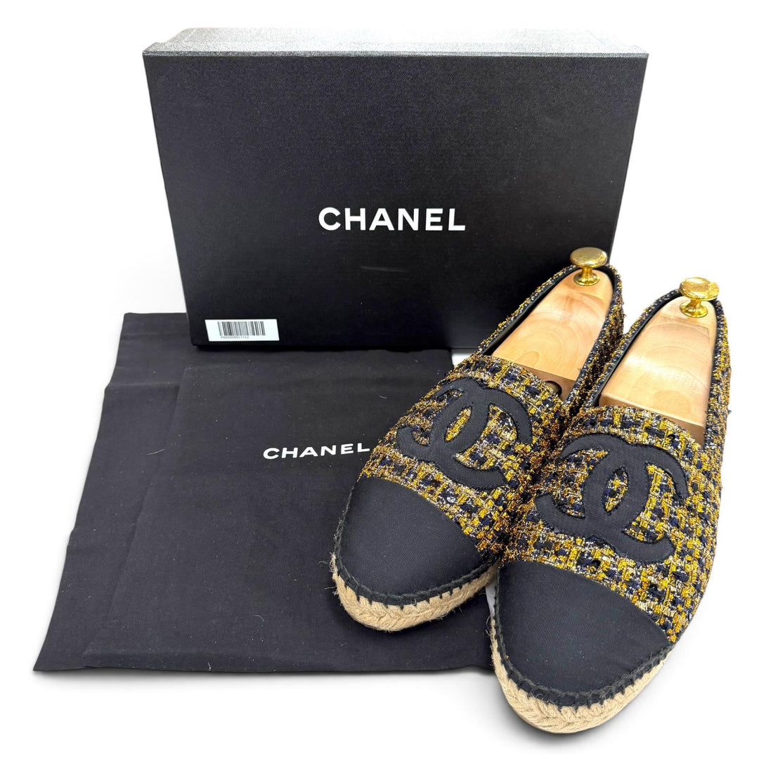 美品▼CHANEL シャネル G29762 ツイード スパンコール ココマーク エスパドリーユ スリッポン ブラック ゴールド 42 メンズ ユニセックス