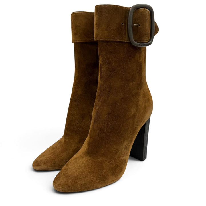 極美品☆SAINT LAURENT サンローラン 529331 サイドZIP ベルト スウェードレザー ショートブーツ ブラウン 38 イタリア製 レディース