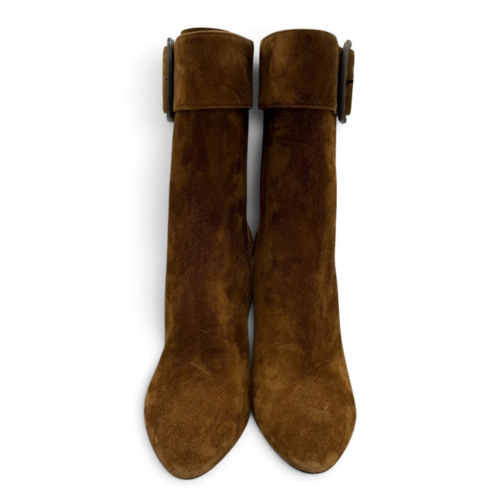 極美品☆SAINT LAURENT サンローラン 529331 サイドZIP ベルト スウェードレザー ショートブーツ ブラウン 38 イタリア製 レディース