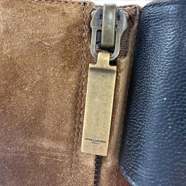 極美品☆SAINT LAURENT サンローラン 529331 サイドZIP ベルト スウェードレザー ショートブーツ ブラウン 38 イタリア製 レディース