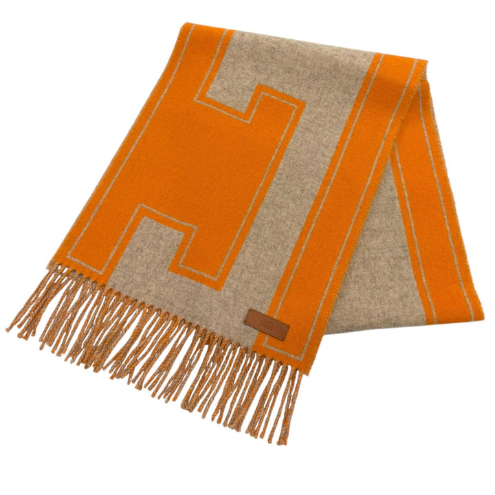 極美品★HERMES エルメス マフラー クレ ドゥ H カシミヤ100％ ベージュ シネ / オレンジ レザーロゴパッチ付 フリンジ マフラー 箱付き