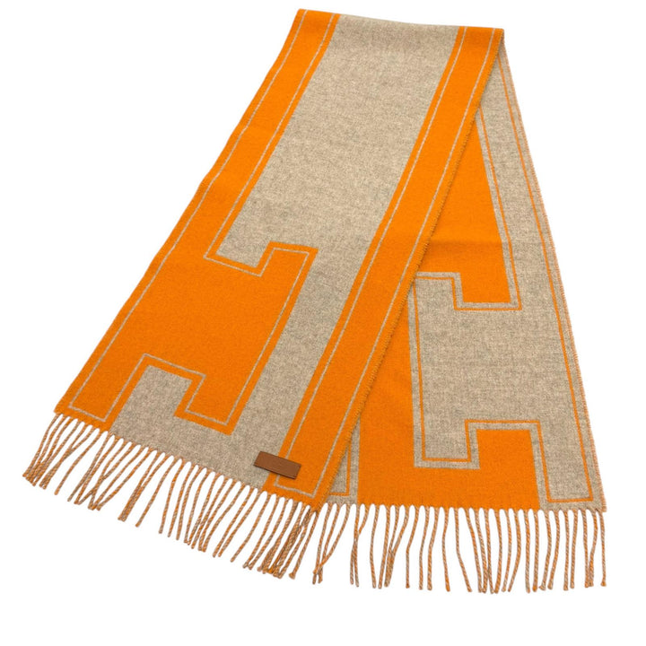 極美品★HERMES エルメス マフラー クレ ドゥ H カシミヤ100％ ベージュ シネ / オレンジ レザーロゴパッチ付 フリンジ マフラー 箱付き
