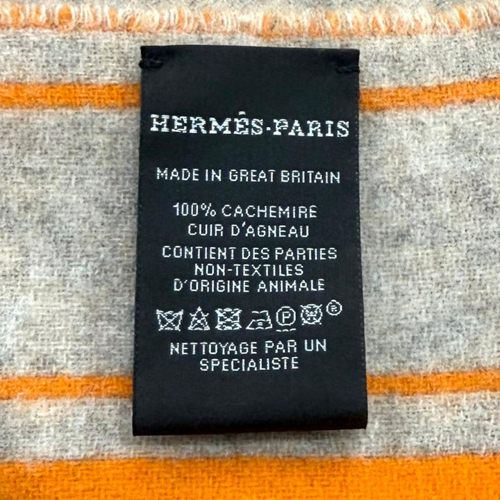 極美品★HERMES エルメス マフラー クレ ドゥ H カシミヤ100％ ベージュ シネ / オレンジ レザーロゴパッチ付 フリンジ マフラー 箱付き